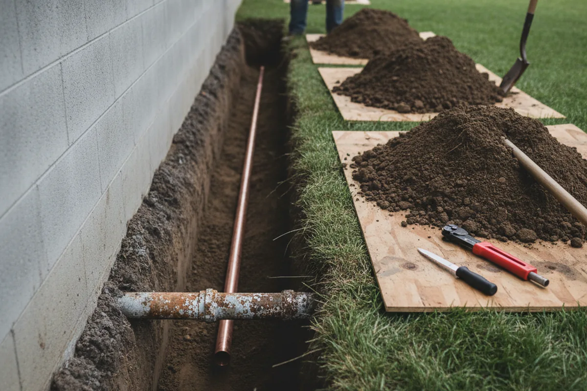 Excavated water line trench during Sewer Line Repair in Littlestown
